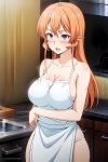  1girl alluring apron_only big_breasts blush kitchen koikoi_(artist) naked_apron nakiri_erina purple_eyes shokugeki_no_souma strawberry_blonde_hair surprised 