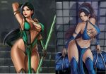  2girls alluring athletic_female big_breasts black_hair brown_eyes cleavage female_abs fit_female flowerxl green_eyes jade_(mortal_kombat) kitana midway_games mortal_kombat mortal_kombat_1_(2023) mortal_kombat_4 mortal_kombat_armageddon mortal_kombat_deadly_alliance mortal_kombat_deception mortal_kombat_ii pin_up ultimate_mortal_kombat_3 