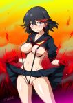 1girl adapted_costume areolae black_hair blue_eyes blush breasts buckle embarrassed flame gloves joy_ride kill_la_kill labia matoi_ryuuko multicolored_hair navel red_hair revealing_clothes school_uniform senketsu short_hair signature skirt skirt_lift sling_bikini sweatdrop swimsuit trigger_(company) two-tone_hair