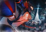 1girl black_hair breasts fenris foreshortening highres kill_la_kill matoi_ryuuko miniskirt multicolored_hair navel panties revealing_clothes scissor_blade senketsu short_hair skirt suspenders sword thighhighs two-tone_hair underboob underwear weapon