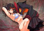 1girl armpits black_hair blush bra breasts cleavage clothes_removed dated highlights kill_la_kill large_breasts living_clothes looking_back matoi_ryuuko multicolored_hair navel one_eye_closed panties raika_tamaki red_hair red_string school_uniform senketsu short_hair sideboob string striped striped_bra striped_panties sweat sweatdrop thread two-tone_hair underwear underwear_only wink