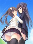  2girls :d ^_^ arm_holding arm_hug bag black_hair black_legwear blazer blue_eyes blush brown_hair closed_eyes female from_below hair hairband holding_arm long_hair multiple_girls open_mouth original panties plaid plaid_skirt ryo_(artist) ryo_(botsugo) school_uniform skirt smile sweater thighhighs twintails underwear white_panties 