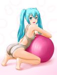 1girl aqua_eyes aqua_hair ass ball barefoot exercise_ball feet female_only full_body long_hair looking_back miku_hatsune one-piece_swimsuit open_mouth soles solo_female swimsuit tk4 tk4_(takashi) twin_tails vocaloid