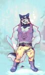 1boy 2010s 2018 2d 2d_(artwork) anthro anthro_only ass bara belt blue_background bottomwear breasts canid canine canis clothed clothed_anthro clothed_male clothing deviantart digital_media_(artwork) dog dog_boy dog_ears dog_treat doggo_(undertale) domestic_dog furry furry_male furry_only holding_sword holding_weapon looking_away male male_anthro male_only mammal monster monster_boy muscle muscular muscular_anthro muscular_male object_in_mouth paws pecs pink_tank_top pink_topwear smoking solo_anthro solo_male supahblonde50 sword tank_top topwear undertale undertale_(series) video_game_character video_games weapon yellow_bottomwear