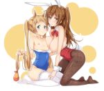 2girls 3: animal_ears asymmetrical_docking black_legwear blonde_hair blue_eyes blush breast_press breasts brown_eyes brown_hair bunny_ears bunny_tail bunnysuit chuunibyou_demo_koi_ga_shitai! clothed_navel covered_navel dekomori_sanae detached_collar docking feet female flat_chest floral_print garters hair_ornament hairclip kneeling large_breasts leotard leotard_pull long_hair looking_at_viewer multiple_girls mushi024 nibutani_shinka nipples no_shoes one-piece_swimsuit one_side_up pantyhose print_legwear smile swimsuit swimsuit_pull tail thighhighs twintails very_long_hair white_legwear wrist_cuffs