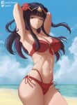  1girl 1girl 1girl alluring alternate_costume arms_up artist_name beach big_breasts big_breasts bikini black_hair blunt_bangs cleavage english_commentary female_only fire_emblem fire_emblem_awakening fire_emblem_heroes flower grey_eyes hair_flower hair_ornament high_res johncgz light-skinned_female light_skin looking_at_viewer milf navel nintendo o-ring o-ring_bikini official_alternate_costume red_bikini red_swimsuit sand standing swimsuit tharja tharja_(fire_emblem) tharja_(summer)_(fire_emblem) watermark 