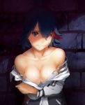 1girl aconitea bad_id black_hair blood blue_eyes bow bra breast_hold breasts cleavage collarbone highres jacket kill_la_kill large_breasts long_sleeves matoi_ryuuko multicolored_hair off_shoulder red_hair reluctant scrape short_hair solo strap_slip translucent_hair two-tone_hair underwear white_bra