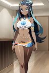  1girl alluring black_and_blue_hair blue_eyes clothes ebony koikoi_(artist) nessa_(pokemon) nintendo pokemon pokemon_(anime) shorts sports_bra 