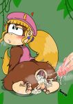  1girl after_anal after_sex ass beret blonde_hair blush cub cum_in_ass dixie_kong donkey_kong_(series) donkey_kong_country donkey_kong_country_2 earrings furry furry_female green_background green_eyes jewelry kneel lewdtoonyguy nintendo penis ponytail rareware ribbon shirt 