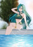  1girl absurdres alluring aqua_hair bare_shoulders braid chloe_(fire_emblem) fire_emblem fire_emblem_engage green_eyes hanzoku highres long_hair looking_at_viewer navel nintendo official_alternate_costume open_mouth pool poolside sitting solo swimming_pool swimsuit very_long_hair water 