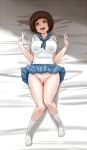 1girl blue_skirt blush bowl_cut breasts brown_eyes brown_hair dakimakura double_v drooling embarrassed justeeeeth kill_la_kill knees_together_feet_apart large_breasts mankanshoku_mako no_panties no_shoes pleated_skirt pussy school_uniform serafuku short_hair skirt skirt_lift socks solo trembling uncensored v