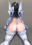  1girl all_fours ass back-seamed_legwear black_hair blue_eyes elbow_gloves from_behind gloves headgear junketsu kamizawa_(sark) kill_la_kill kiryuuin_satsuki long_hair looking_back pauldrons revealing_clothes seamed_legwear solo thighhighs thong very_long_hair 