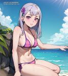  1girl ai_art ai_generated anime anime_style beach beach_background bikini black_clover female_only light-skinned_female light_skin medium_ass medium_breasts noelle_silva ocean outside pink_eyes ponytail purple_eyes sexy_body silver_hair solo_female tanning 