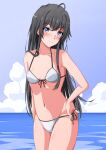  1girl 1girl ahoge alluring bikini black_hair blue_eyes blue_sky breasts cloud day front-tie_bikini_top front-tie_top high_res horizon konoyan long_hair looking_at_viewer ocean outside side-tie_bikini_bottom silf sky small_breasts smile standing swimsuit water yahari_ore_no_seishun_lovecome_wa_machigatteiru. yukinoshita_yukino 