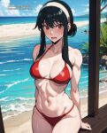 1girl ai_generated beach big_breasts bikini black_hair female_only fit_female light-skinned_female light_skin ocean red_eyes solo_female spy_x_family yor_briar yor_forger