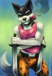 1boy 2010s 2015 2d 2d_(artwork) anthro anthro_only ass bara bottomwear bulge canid canine canis clothed clothed_anthro clothed_male clothing deviantart deviantart_username digital_media_(artwork) dog dog_boy dog_ears dog_treat doggo_(undertale) domestic_dog dual_swords dual_wielding furry furry_male furry_only gradient_background green_background haychel holding_sword holding_weapon looking_at_viewer male male_anthro male_only mammal monster monster_boy object_in_mouth pink_tank_top pink_topwear smoking solo_anthro solo_male sword tank_top topwear undertale undertale_(series) video_game_character video_games weapon yellow_bottomwear