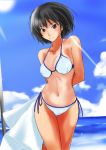  1girl amagami beach bikini black_hair brown_eyes female md5_mismatch murasaki_iro nanasaki_ai short_hair swimsuit tan tanline 