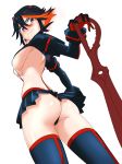 1girl ass bad_id black_hair blue_eyes boots breasts chikuishi from_below highres kill_la_kill looking_back matoi_ryuuko microskirt multicolored_hair pleated_skirt red_hair revealing_clothes scissor_blade senketsu short_hair sideboob simple_background skirt suspenders thigh_boots thighhighs thong two-tone_hair underboob white_background