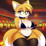  ai_generated anthro arms_behind_back big_breasts bikini blonde_hair blush bra canine canis casino cheek_tuft collar crossgender dipstick_tail female_focus fox furry furry_female genderswap green_eyes mammal micro_bikini miles_&quot;tails&quot;_prower millie_tailsko mtf_crossgender panties sega short_hair sonic_the_hedgehog_(series) stockings tailsko thick_thighs thighs yellow_fur 