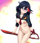 black_hair blue_eyes blush bottomless breasts female fingerless_gloves gloves groin harukigenia highres kill_la_kill looking_at_viewer matoi_ryuuko mound_of_venus multicolored_hair navel nipples red_hair school_uniform scissor_blade senketsu serafuku shirt_lift single_glove smile solo standing two-tone_hair