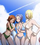 3girls aoi_(dirty_prison_ship) aoi_cameron armpits asymmetrical_docking bangs bikini blonde_hair blue_eyes blush body_blush breast_hold breast_press breasts brown_hair butcha-u cleavage cloud dark_skin dirty_prison_ship eroquis female glasses green_eyes hair_ornament hair_over_one_eye hairclip halterneck hand_on_another's_shoulder hand_on_hip hips holding huge_breasts injuu_kangoku innertube jewelry large_breasts leaning_forward lipstick liz_(dirty_prison_ship) liz_glover long_hair looking_at_viewer looking_back makeup milf mole multiple_girls navel official_art one_eye_closed open_mouth outdoors parted_bangs ponytail profile purple_eyes purple_hair rail_(dirty_prison_ship) rail_schwartz ring scrunchie semi-rimless_glasses short_hair sideboob sky smile spiked_hair sports_bikini standing string_bikini striped striped_bikini striped_swimsuit surprised sweatdrop swimsuit tan taut_clothes tentacle tentacles thigh_gap turtleneck unaligned_breasts under-rim_glasses underboob wedding_band wide_hips wink wristband you_gonna_get_raped