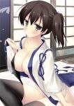 1girl black_legwear blush breasts brown_hair cleavage female japanese_clothes kaga_(kantai_collection) kantai_collection motomiya_mitsuki no_panties open_clothes personification short_hair side_ponytail skirt skirt_removed solo tasuki thighhighs