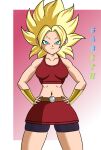  1girl 1girl big_breasts black_shorts blonde_hair breasts caulifla cosplay dragon_ball dragon_ball_super kale kale_(dragon_ball) kale_(dragon_ball)_(cosplay) miniskirt red_skirt shorts skirt smile 