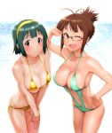  2_girls 2girls :( ;d adjusting_glasses ahoge akizuki_ritsuko antenna_hair arm arm_up armpits arms art babe bare_legs bare_shoulders big_breasts bikini blush breast_squeeze breasts brown_eyes brown_hair cleavage embarrassed female folded_ponytail green_hair green_swimsuit hair_up hairband hand_on_hip hands hands_on_leg idolmaster leaning leaning_forward legs looking_at_viewer midriff multiple_girls navel neck one-piece_swimsuit otonashi_kotori shiny shiny_hair shiny_skin short_hair shy side-tie_bikini sling_bikini smile standing swimsuit tan tan_line ueyama_michirou v_arms wink yellow_bikini yellow_swimsuit 