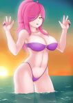 1girl bare_legs big_breasts bikini long_hair nenefthivt ocean partially_submerged pink_hair solo sunset tagme vtuber water wet