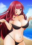  1girl ;d absurd_res alluring alternate_costume bare_shoulders beach big_breasts bikini black_bikini black_swimsuit choker cleavage facial_mark female_only fire_emblem fire_emblem_engage grin groin hair_ornament high_res long_hair looking_at_viewer mizumura_(midu_mura) navel nintendo ocean off_shoulder one_eye_closed red_eyes red_hair smile star_(symbol) star_facial_mark star_hair_ornament string_bikini swimsuit undressing untied_bikini untied_bikini_top very_long_hair yunaka_(fire_emblem) 