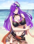  1girl 1girl alluring alternate_costume big_breasts bikini black_bikini black_choker choker cleavage commentary_request female_focus fire_emblem fire_emblem:_three_houses fire_emblem_heroes fire_emblem_warriors:_three_hopes flower hair_flower hair_ornament hair_over_one_eye high_res kousetu0506 long_hair matching_hair/eyes multi-strapped_bikini_bottom navel nintendo official_alternate_costume outside purple_eyes purple_hair shez_(fire_emblem) shez_(fire_emblem)_(female) shez_(summer)_(fire_emblem) smile swimsuit water white_flower 