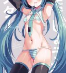  1girl 1girl arms_behind_back bikini blue_eyes blue_hair breasts detached_collar detached_sleeves drawing_kanon from_below headset high_res long_hair looking_at_viewer meme meme_attire miku_collar_bikini miku_hatsune neck_tie pink_background simple_background small_breasts stockings striped_bikini striped_clothes swimsuit twin_tails very_long_hair vocaloid 