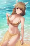 1girl 1girl 1girl alluring alternate_costume bangs bare_midriff bare_shoulders beach beauty_mark bikini braid braided_ponytail brown_hair cleavage closed_mouth collarbone doiparuni female_only fire_emblem fire_emblem_engage gold_bikini gold_swimsuit goldmary_(fire_emblem) hair_over_shoulder hair_ribbon hand_on_own_chest high_res low_ponytail midriff mole mole_on_breast nintendo ocean outside ribbon sarong see-through shoulders side_ponytail swimsuit white_ribbon yellow_bikini yellow_eyes yellow_swimsuit