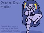  big_breasts big_thighs blue_background blue_body blue_hair blue_nipples blue_skin find_the_markers justmad9876_(artist) looking_at_viewer pale_blue_skin rainbow_road_marker_(find_the_markers) star_earrings stretching text winking_at_viewer 