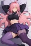  1girl ai_generated big_breasts fanart long_hair nenefthivt on_bed pink_hair shirt shoes skirt solo tagme thighhigh_socks vtuber yellow_eyes 