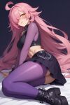  1girl ai_generated big_breasts fanart long_hair nenefthivt on_bed pink_hair shirt shoes skirt solo tagme thighhigh_socks vtuber yellow_eyes 