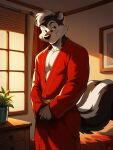  1boy ai_generated anthro black_body black_fur black_skin black_tail furniture hotel_room looking_at_viewer looney_tunes male narrowed_eyes pepe_le_pew red_robe robe seductive skunk tagme tail two_tone_fur two_tone_skin warner_brothers white_hair white_tail 