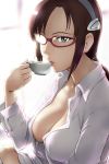  1_girl 1girl art big_breasts blue_eyes breasts brown_hair cleavage cup down_blouse drink drinking evangelion:_2.0_you_can_(not)_advance evangelion:_3.0_you_can_(not)_redo female glasses hair_ornament hairband holding long_hair long_sleeves looking_at_viewer mari_illustrious_makinami naked_shirt neck neon_genesis_evangelion open_clothes open_shirt rebuild_of_evangelion red-framed_glasses serious shirt solo teacup ueyama_michirou window 