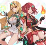  2_girls alluring bare_legs bare_shoulders big_breasts black_gloves blonde_hair chest_jewel cleavage cleavage_cutout clothing_cutout dress earrings elbow_gloves fingerless_gloves gloves gonzarez high_res jewelry long_hair multiple_girls mythra pyra red_eyes red_hair red_legwear red_shorts short_dress short_hair short_shorts shorts stockings swept_bangs thigh_strap tiara very_long_hair white_dress white_gloves xenoblade_(series) xenoblade_chronicles_2 yellow_eyes 