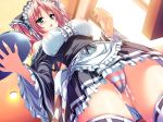 akaza blush cum erect_nipples female game_cg henshin_3 panties pink_hair striped_panties underwear upskirt waitress