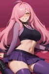  1girl ai_generated big_breasts fanart long_hair nenefthivt on_bed pink_hair shirt shoes skirt solo tagme thighhigh_socks vtuber yellow_eyes 