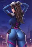 1girl artist_logo asian_female ass big_ass bodysuit breasts brown_eyes brown_hair city_background d.va female_only flowerxl hana_song higher_resolution_available light-skinned_female night overwatch rear_view seductive_smile stockings thick_thighs video_game_character wide_hips