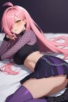  1girl ai_generated big_breasts fanart long_hair nenefthivt on_bed pink_hair shirt shoes skirt solo tagme thighhigh_socks vtuber yellow_eyes 