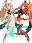 2_girls absurd_res alluring big_breasts blonde_hair cleavage cleavage_cutout clothing_cutout gloves gonzarez high_res long_hair multiple_girls mythra nintendo pyra red_eyes red_hair short_hair shorts sword weapon xenoblade_(series) xenoblade_chronicles_2