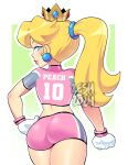  1girl ass blonde_hair blue_eyes border cowboy_shot crown earrings from_behind gloves green_background jewelry lips long_hair looking_at_viewer looking_back mario_(series) mario_strikers_(series) midriff nintendo pink_shirt pink_shorts ponytail princess_peach shirt short_sleeves shorts simple_background smile sportswear standing white_border white_gloves zeshgolden 