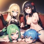 1boy 3_girls ai_generated black_hair blue_eyes blue_hair breasts green_eyes green_hair yellow_hair