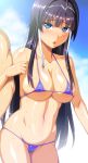  1girl bikini blue_eyes blush breasts character_request cleavage female highres houjou_ujiyasu large_breasts locked_arms long_hair micro_bikini navel open_mouth purple_hair sengoku_hime solo sweat swimsuit yuzuriha_(active_homing) zangyura 