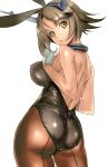  1_girl 1girl arm arms art ass babe back bare_back bare_shoulders big_breasts breasts brown_hair bunny_ears bunnysuit clenched_hand dodai_shouji female gloves head_tilt kantai_collection large_breasts leotard mutsu_(kantai_collection) neck neck_ring pantyhose parted_lips shiny shiny_clothes shiny_hair shiny_skin short_hair simple_background solo strapless white_background white_gloves yellow_eyes 