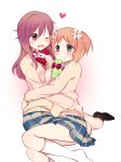  2_girls 2girls aqua_eyes art bare_legs black_socks blush female friends gift hair_flower happy haruka_takayama heart hug hugging legs long_hair long_sleeves love multiple_girls open_mouth orange_hair red_eyes red_hair sakura_trick school_uniform short_hair sitting skirt smile socks sonoda_yuu sweater takayama_haruka tarabagani twintails valentine wink yuri yuu_sonoda 