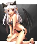 1girl bikini demon_girl demon_wings earrings female front-tie_top high_heels horns jewelry katahira_masashi nail_polish original pointy_ears red_eyes shoes side-tie_bikini silver_hair solo swimsuit wings